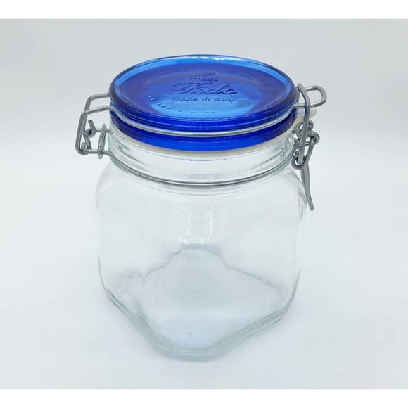 Bormioli Rocco Fido Italy Clear Glass Airtight Storage Jar Cobalt Blue Lid 3/4L - Picture 1 of 9
